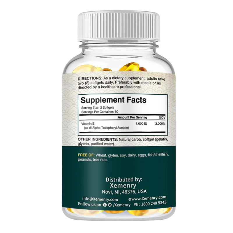 Vitamin E 1000IU Capsules - for Antioxidant, Skin, Cellular Respiration & Cardiovascular Health Support