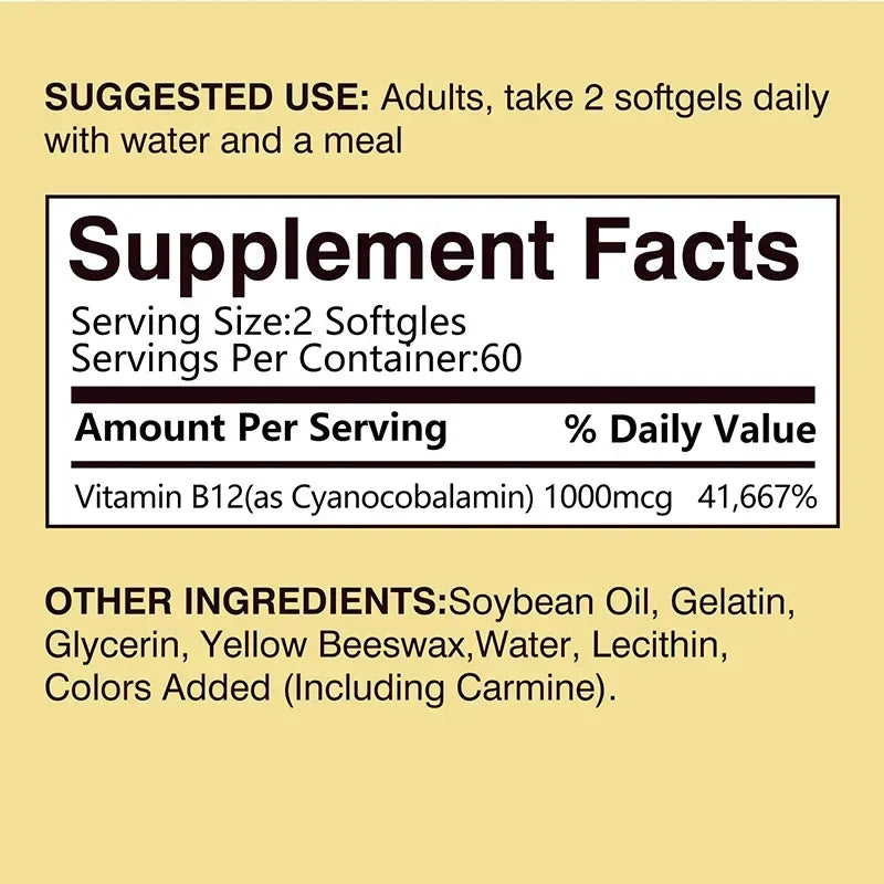 Vitamin B12 1000mcg - Benefits Brain & Heart Function, Memory, Learning, Helps Boost Natural Energy