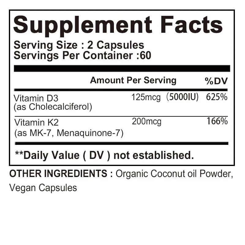Vitamin D3 + K2 Capsules - Promotes Bone, Dental and Cardiovascular Health and Supports The Immune System